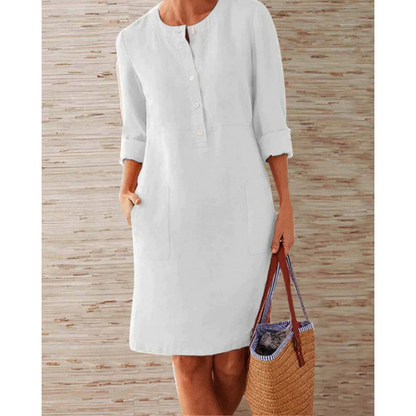 Herbstliches stilvolles Damen Freizeitkleid mit Taschen & Rundhalsausschnitt – Niva