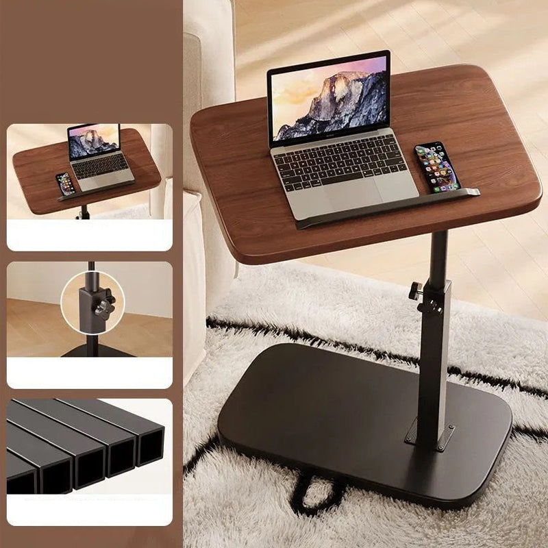 Höhenverstellbarer rollender Laptopschreibtisch mit schwarzem Gestell und dunkler Tischplatte, Detailansicht