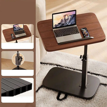 Höhenverstellbarer rollender Laptopschreibtisch mit schwarzem Gestell und dunkler Tischplatte, Detailansicht