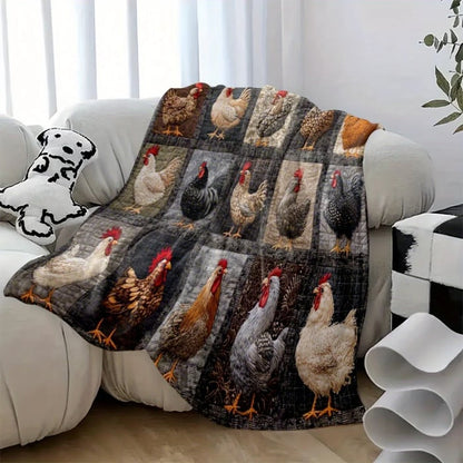 Decke mit realistischen Hühnern über einer hellen Sofalehne im Wohnzimmer drapiert 13