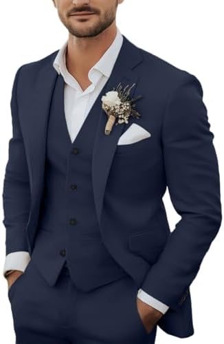 Herren 3-teiliger Anzug in Marineblau mit Weste, weißem Hemd, Einstecktuch und Blumenanstecker