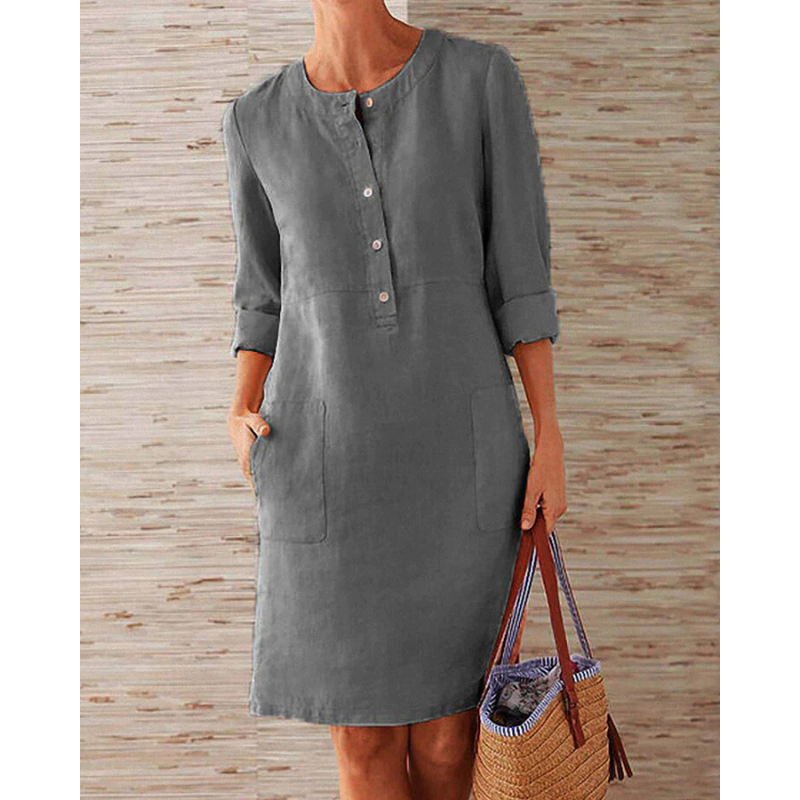 Herbstliches stilvolles Damen Freizeitkleid mit Taschen & Rundhalsausschnitt – Niva