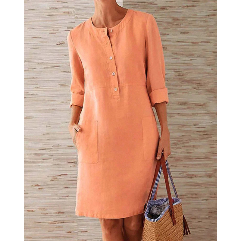 Herbstliches stilvolles Damen Freizeitkleid mit Taschen & Rundhalsausschnitt – Niva