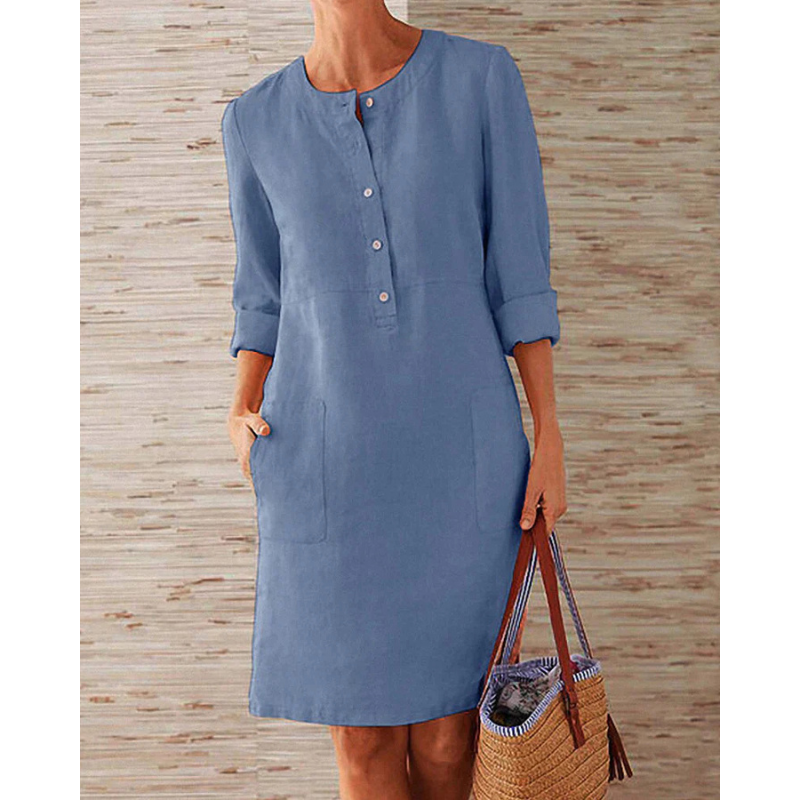 Herbstliches stilvolles Damen Freizeitkleid mit Taschen & Rundhalsausschnitt – Niva