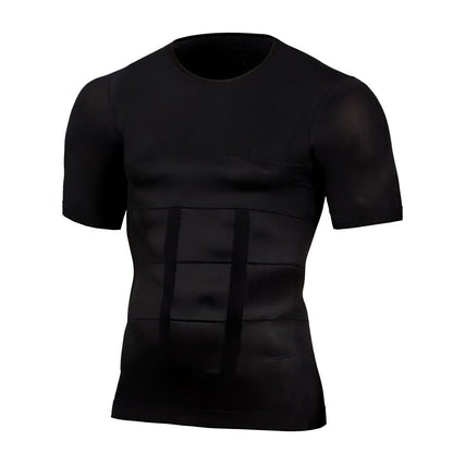 Schwarzes Herren-Kurzarm-Shirt von vorn, freigestellt, mit sichtbaren Kompressionszonen und senkrechten Streifen im Bauchbereich.