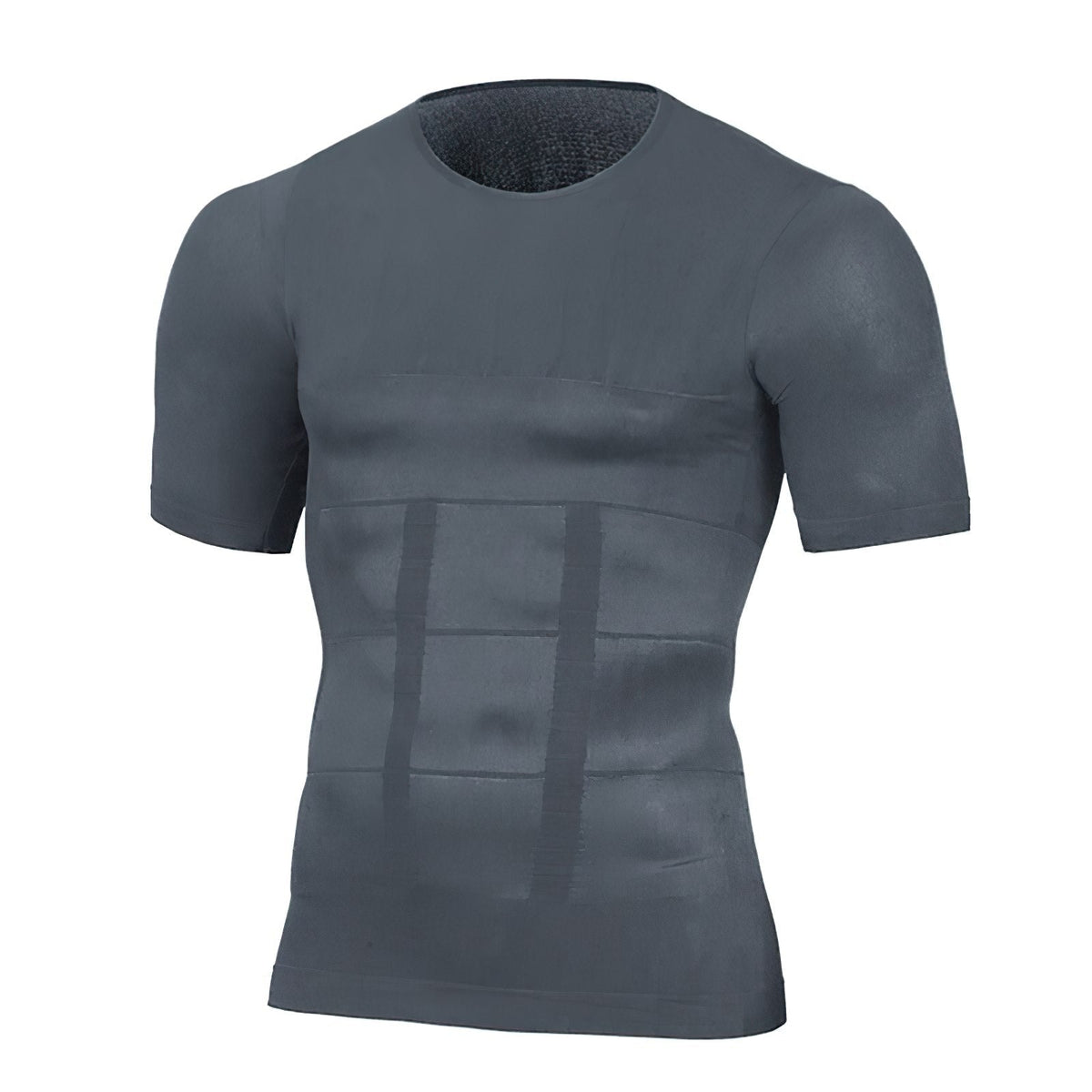 Graues Herren-Kurzarm-Shirt von vorn, freigestellt, mit Kompressionsfeldern und senkrechten Streifen im Bauchbereich.