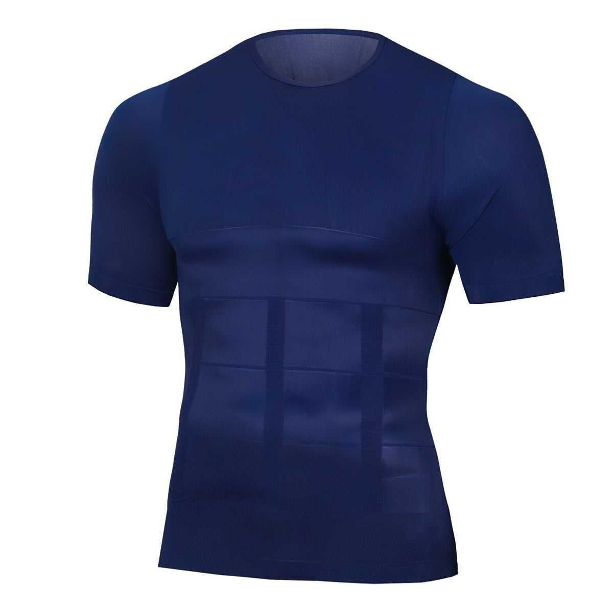 Dunkelblaues Herren-Kurzarm-Shirt von vorn, freigestellt, mit gut erkennbaren Kompressionsfeldern am Bauch.