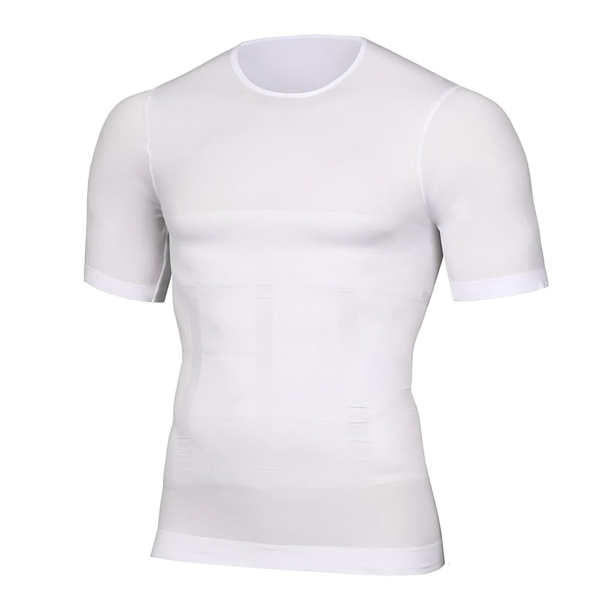 Weißes Herren-Kurzarm-Shirt mit Rundhalsausschnitt von vorn, freigestellt, mit dezenten Kompressionszonen im Bauchbereich.
