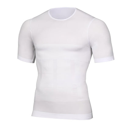 Weißes Herren-Kurzarm-Shirt mit Rundhalsausschnitt von vorn, freigestellt, mit dezenten Kompressionszonen im Bauchbereich.