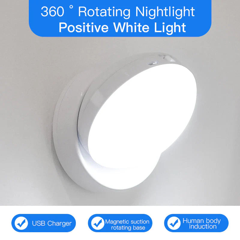360° drehbares Nachtlicht, weiß, USB-Ladegerät, magnetische Basis, Bewegungssensor.