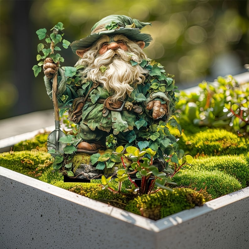 Acrylic Gartenstecker mit Gartenwichtel mit Spaten und Efeu im Hochbeet