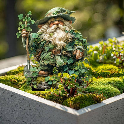 Acrylic Gartenstecker mit Gartenwichtel mit Spaten und Efeu im Hochbeet