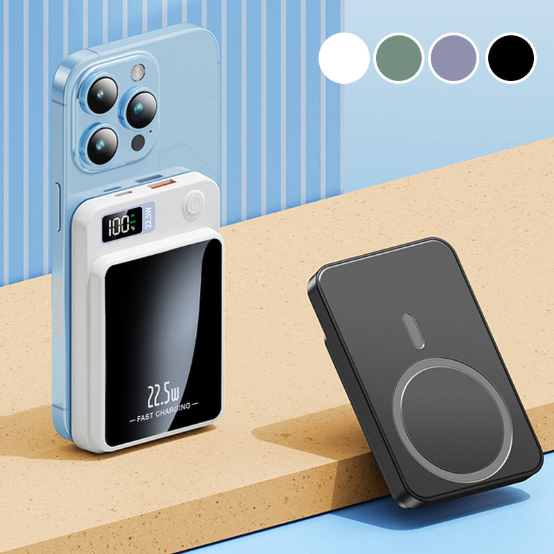 Weißes Ladegerät magnetisch an der Rückseite eines blauen Smartphones, daneben ein schwarzes.