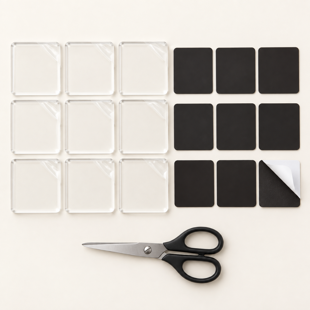Neun klare quadratische Acrylrohlinge neben neun schwarzen Magnetplatten und einer Schere, eine Platte mit teilweise 9