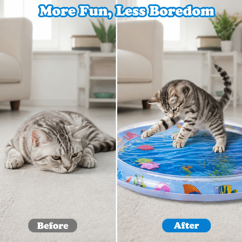Vorher-Nachher-Vergleich einer Katze auf der runden Wassermatte