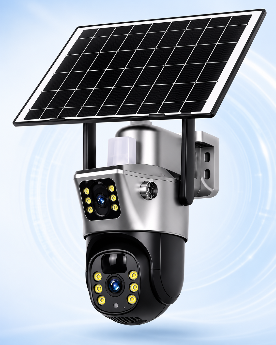 Silbergraue und schwarze Sicherheitskamera mit zwei Objektiven, Solarpanel und zwei Antennen