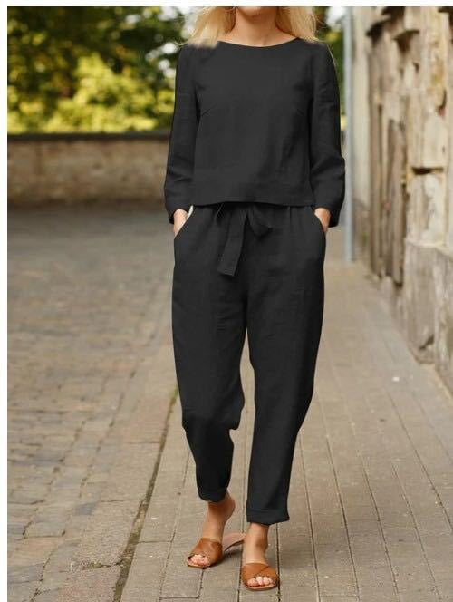 Zweiteiliges Damen Herbst-Outfit mit Rundhals-Shirt & Hose mit Gummibund – Nia