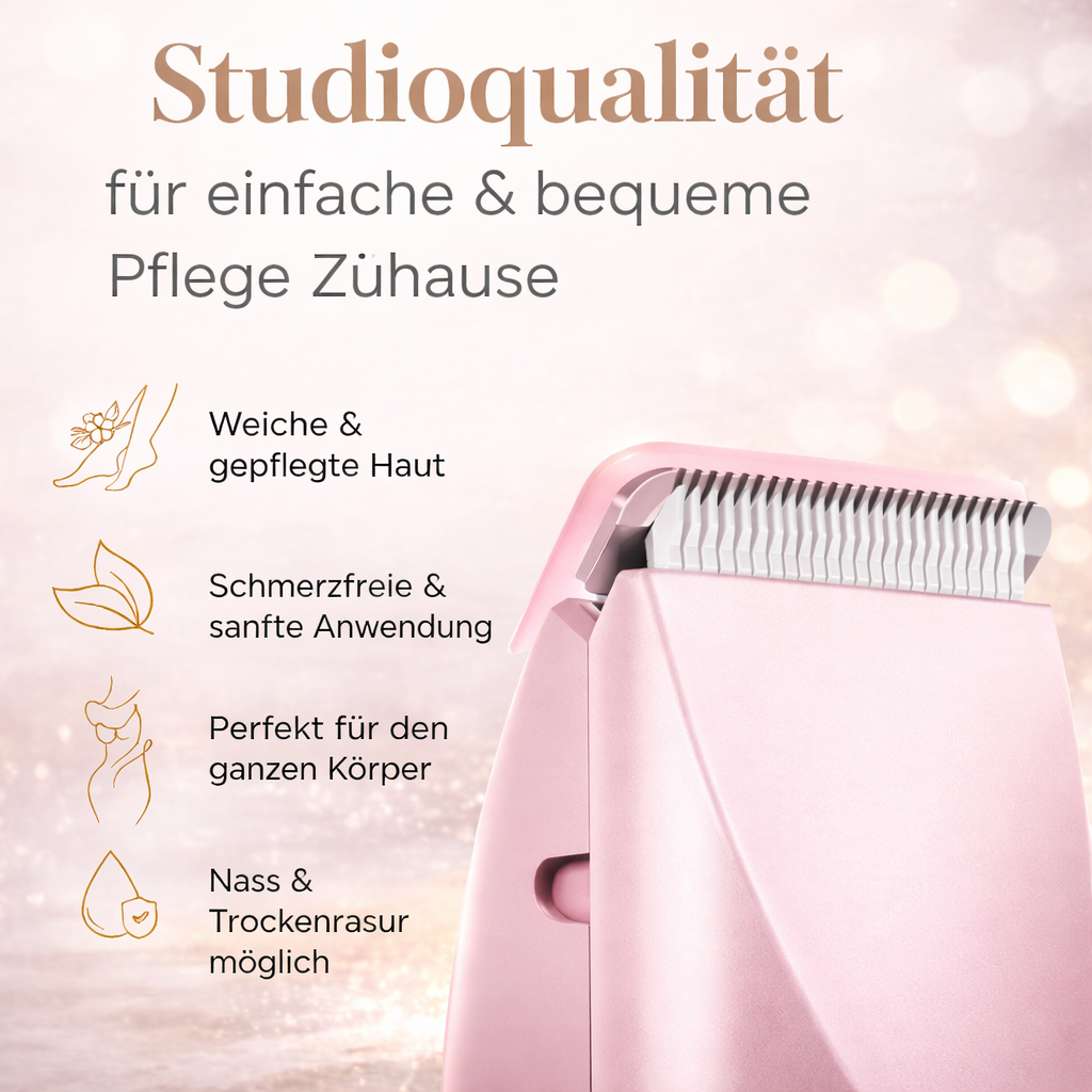 Nahaufnahme des Scherkopfs mit feinen Klingenzähnen am rosa Gerät, daneben vier Symbole zu den Pflegevorteilen.