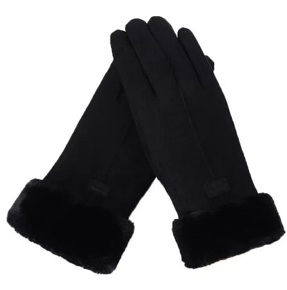 Schwarze Damenhandschuhe mit Kunstfell, elegant, warm, Winteraccessoire, modisch.