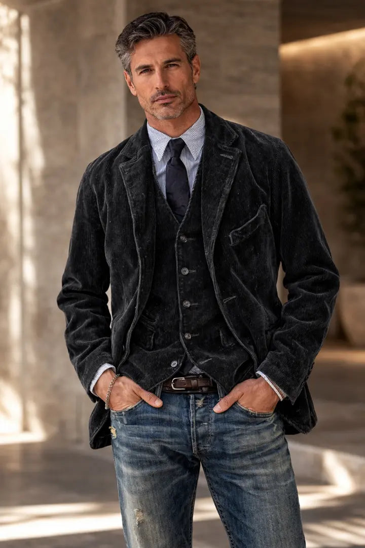 Mann in schwarzem Cord-Blazer mit Weste, gestreiftem Hemd und Jeans, ganze Figur vor Betonwand 2