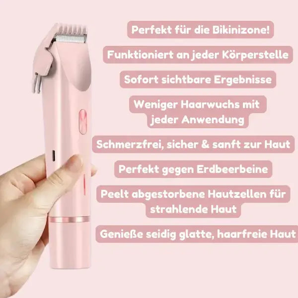 Eine Hand hält den rosa Trimmer mit aufgesetztem Kammaufsatz, daneben eine Liste seiner Vorteile für Haut und Körperzonen.