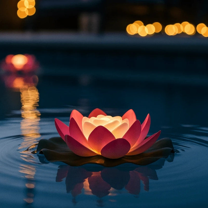 Nahaufnahme einer warm leuchtenden Lotusblüte auf dunklem Wasser, im Hintergrund unscharfe Lichter und Spiegelung 9