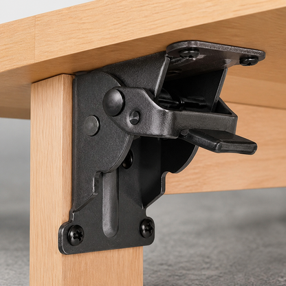 Schwarze Klapphalterung im ausgeklappten, verriegelten Zustand unter einer Holzplatte am Tischbein