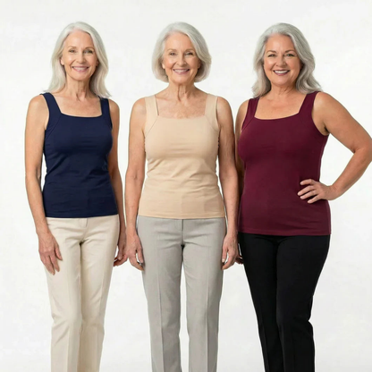 Drei Frauen tragen das Stütz-Top für Damen in Marineblau, Beige und Bordeauxrot