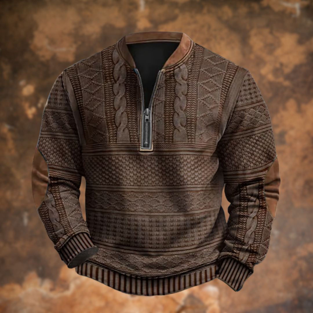 Herren-Strickpullover in Dunkelbraun mit Zopfmuster, Halbreißverschluss und gestreiften Bündchen