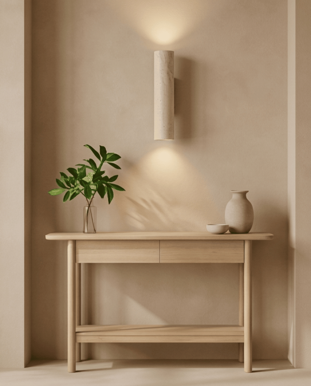 Eingeschaltete Travertin-Wandlampe über einem hellen Holz-Sideboard mit Pflanze im Glas und Keramikvase 3