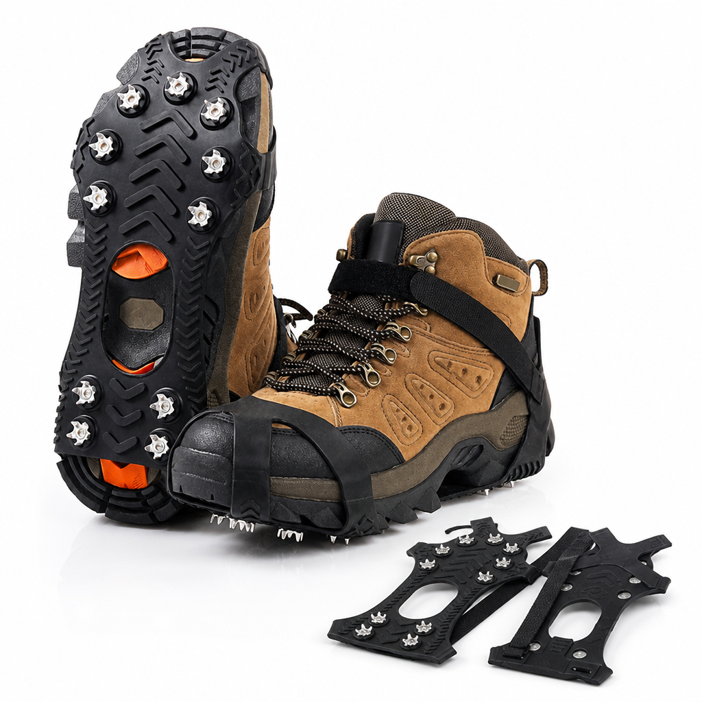 Stiefel mit Eisgriffen und Sohlenansicht, davor ein Paar einzelne Eisgriffe mit Riemen auf weißem Hintergrund 4