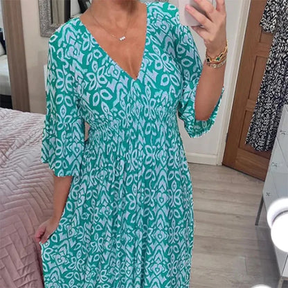 Lange Blumenkleid mit V-Ausschnitt – Liora