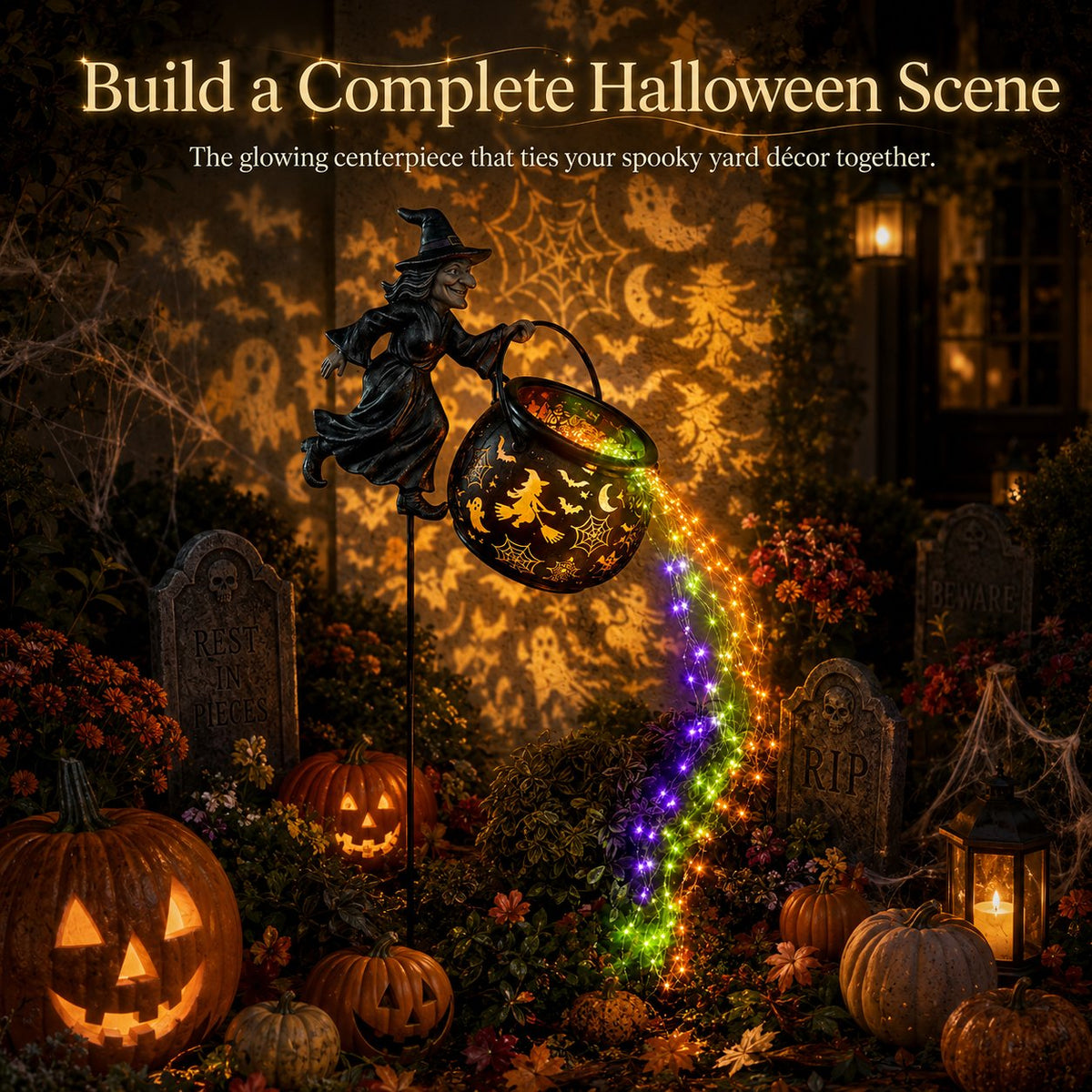 Halloween-Szene mit der Hexenlampe zwischen Grabsteinen und Kürbislaternen