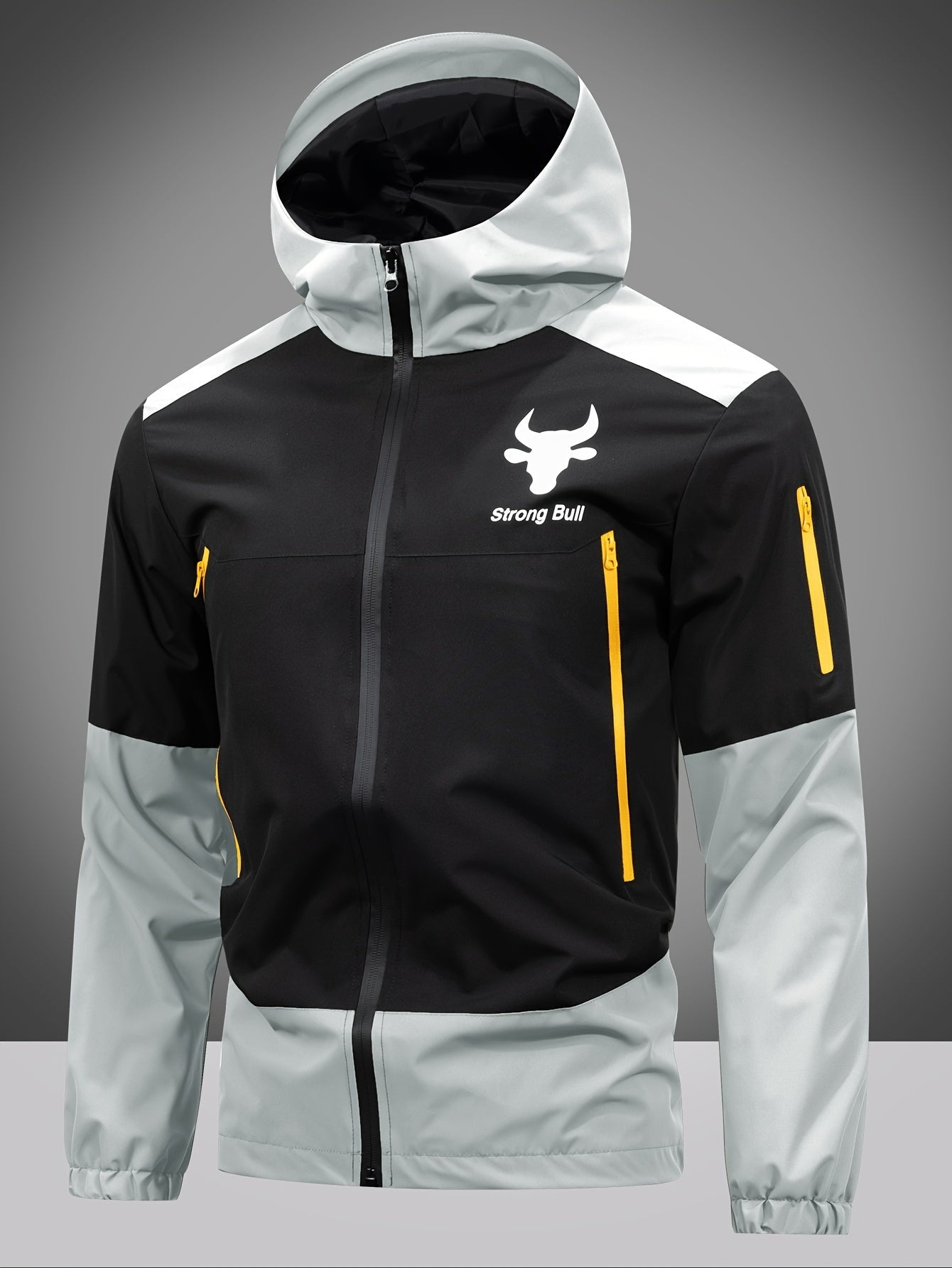 Schwarz-graue Herren-Softshelljacke mit Kapuze, gelben Reißverschlüssen, Outdoor-Bekleidung