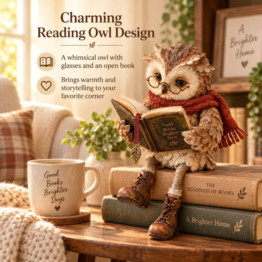 Lesende Eule mit Brille und Schal sitzt auf einem Bücherstapel neben einer Tasse im gemütlichen Wohnzimmer. 3