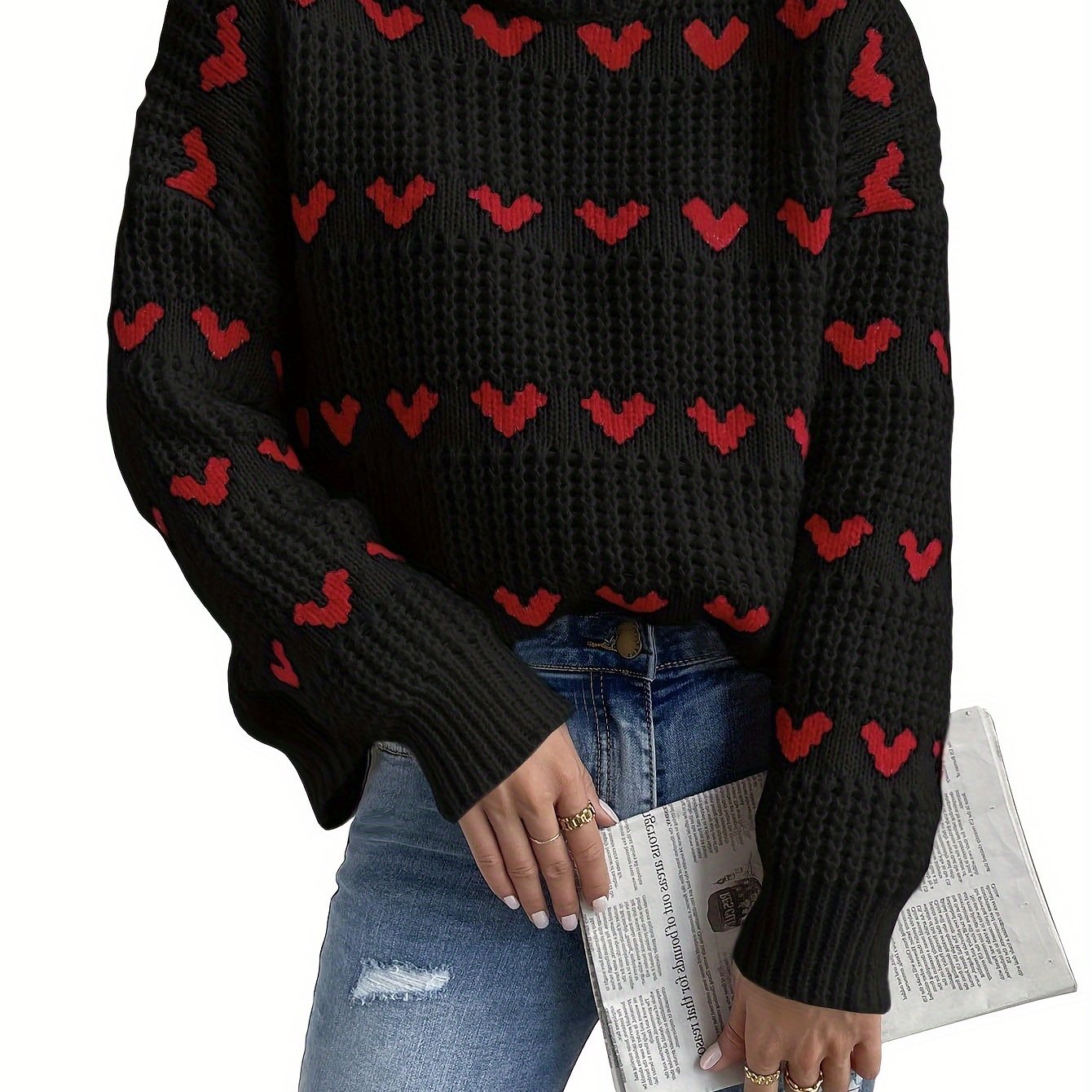 Strickpullover für Damen mit Herzmuster und hohem Kragen – Nola
