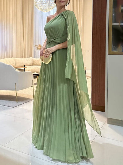 Herbstliches Trendy Ein-Schulter Maxikleid mit Plisseefalten – Mirella