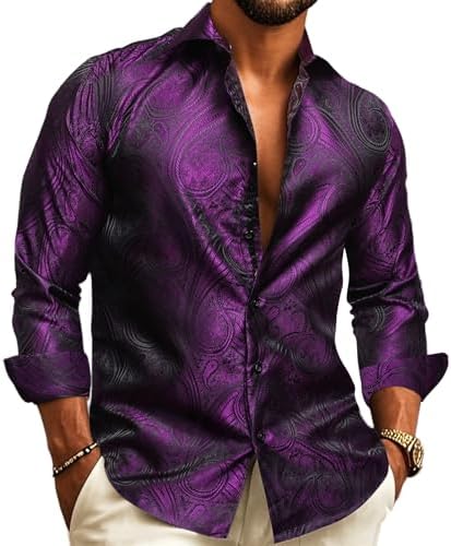 Herren-Paisley-Jacquardhemd in Violett mit schwarzem Muster am Model, Kragen offen.