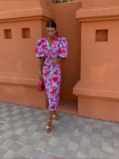 Farbenfrohes Damenkleid mit Plisseeärmeln & Komfortschnitt – Noelia