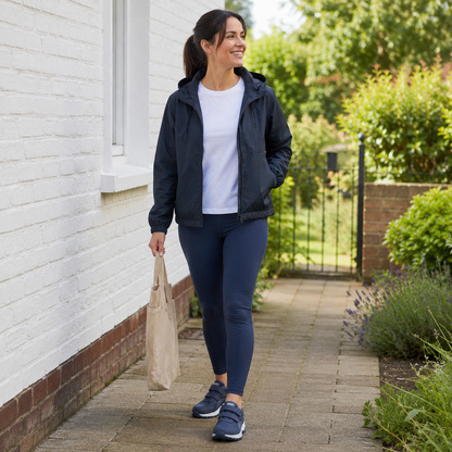 Lächelnde Frau in dunkler Jacke und Leggings geht mit Stofftasche über einen Gartenweg, trägt blaue Klettschuhe 17
