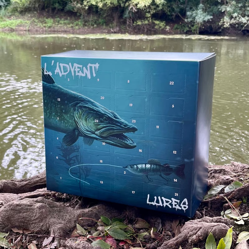 Blaue Kartonbox mit nummerierten Türchen und aufgemaltem Hecht steht am Flussufer auf Baumwurzeln 1