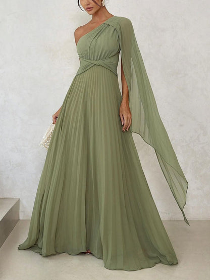 Herbstliches Trendy Ein-Schulter Maxikleid mit Plisseefalten – Mirella