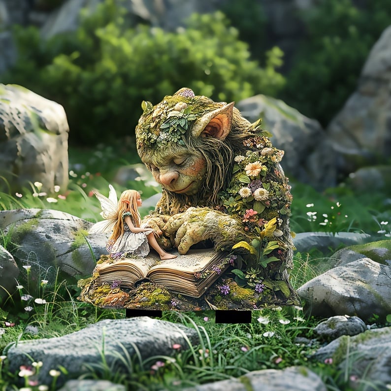 Acrylic Gartenstecker mit Moos-Troll, kleiner Fee und Buch zwischen Felsen und Gräsern