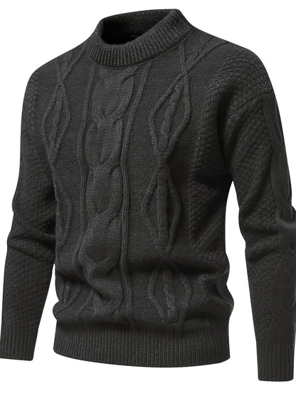 Dunkelgrauer Strickpullover, Zopfmuster, Herrenmode, warm, elegant, Winterkleidung.