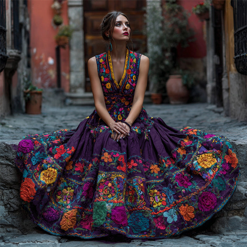 Dieselbe Frau im dunkelvioletten Kleid mit farbenfroher Blumenstickerei und V-Ausschnitt, der weite Rock fällt über die Steinstufe. 3