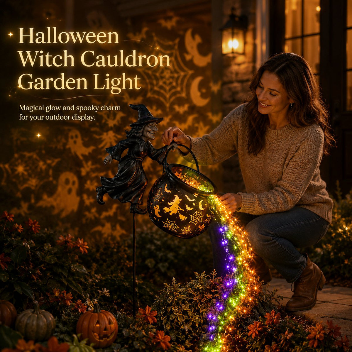 Halloween Hexenkessel Gartenlampe mit buntem Lichterstrom auf dem Gartenstab