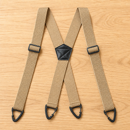 Beige X-Hosenträger mit schwarzem Lederkreuz, Verstellschnallen und vier schwarzen Dreiecksclips auf Holz ausgebreitet. 16
