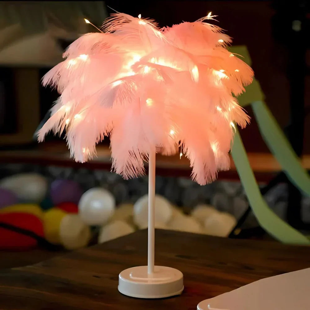 Rosa Federlampe mit LED-Lichtern, Tischleuchte, dekorative Beleuchtung, modernes Design
