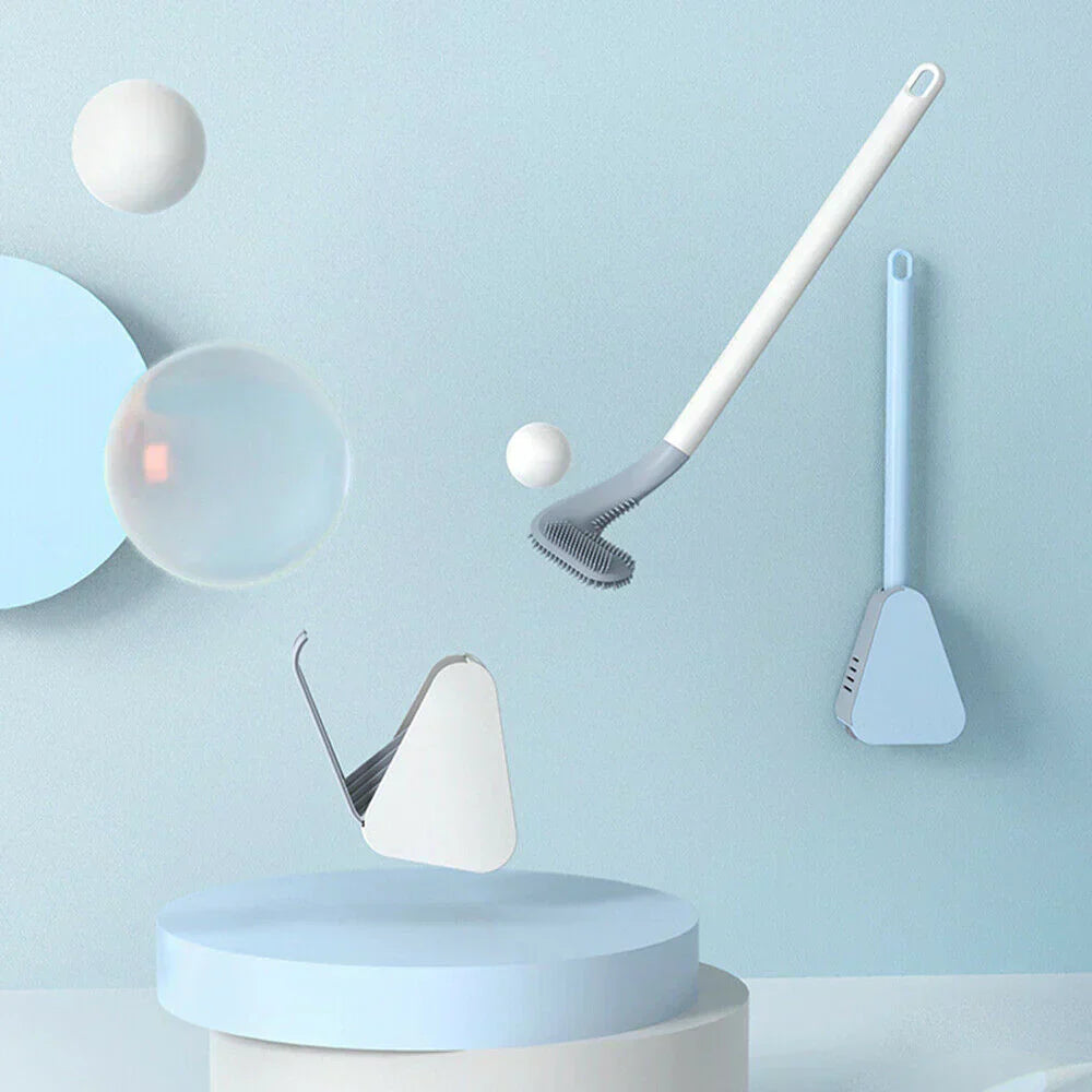 Moderner Toilettenbürstenhalter Set, blau und weiß, minimalistisches Design, Badezimmerzubehör.