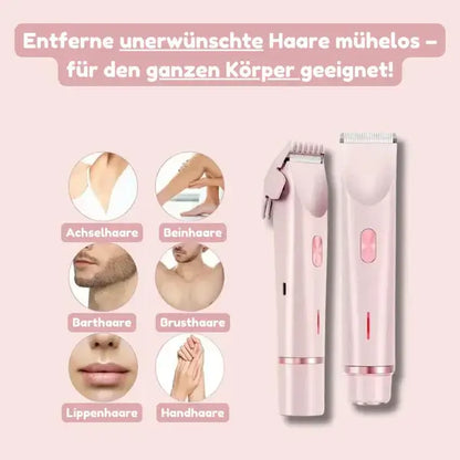 Zwei rosa Geräte nebeneinander, links mit Kammaufsatz, umgeben von Bildern der Körperstellen, an denen der Rasierer einsetzbar ist.